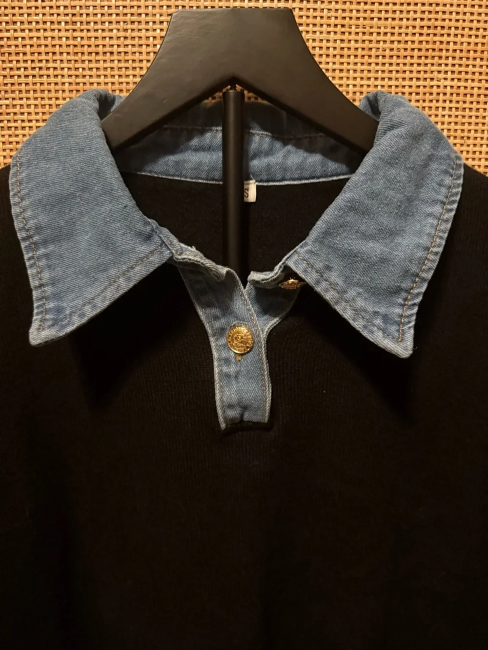 Black Crewneck Sweater with Blue Denim Collar - Picture 2 of 4